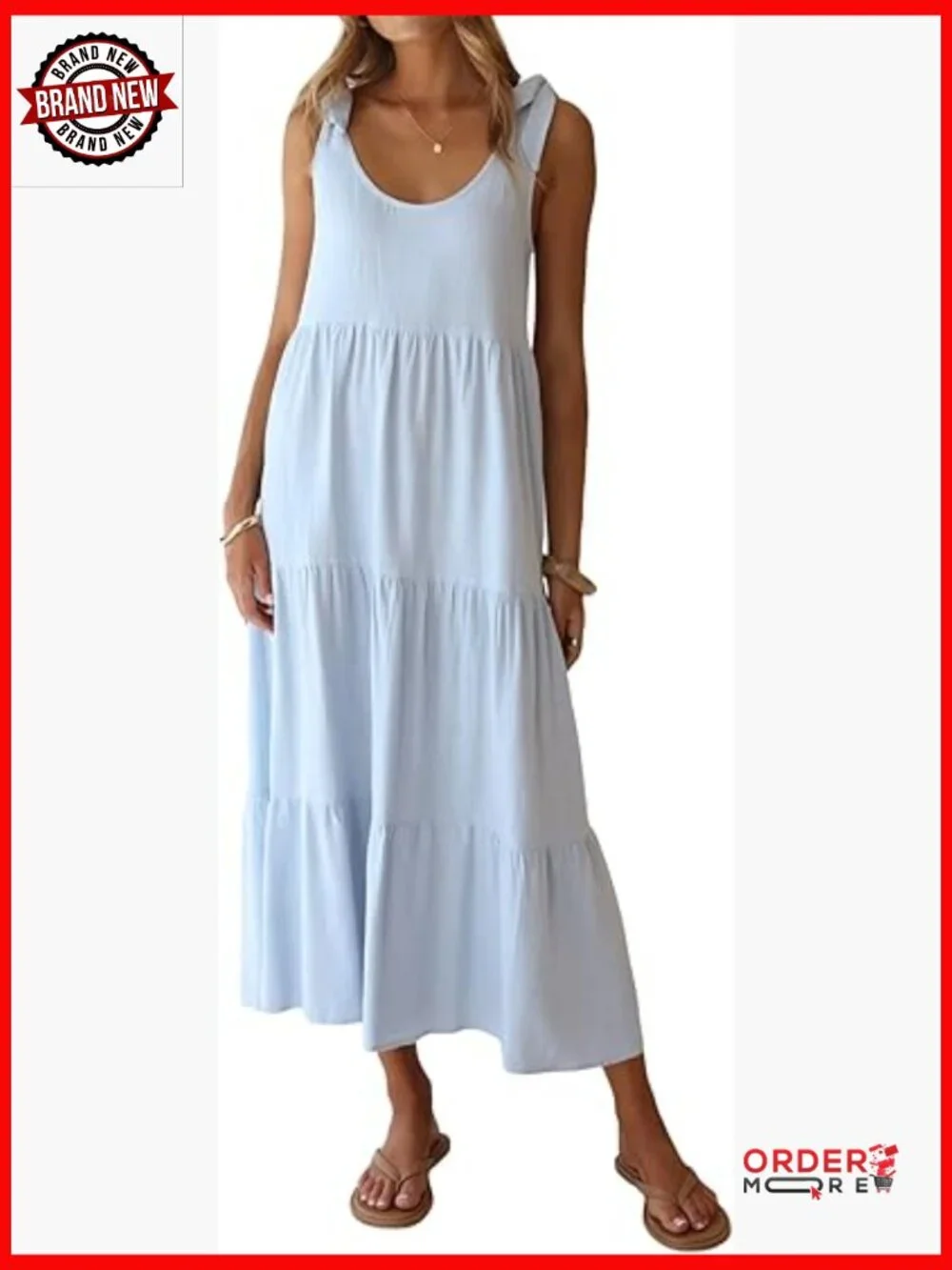 Tie Shoulder Linen Cotton Sundress Sleeveless Tiered Ruffle Midi Dress with - Picture 1 of 6